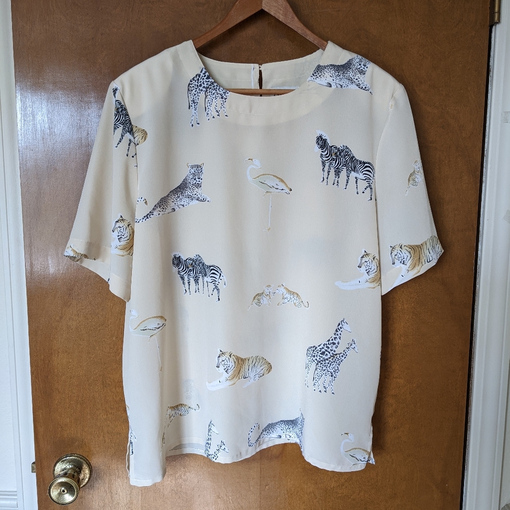 Vintage Modern Essentials Wild Animal Print Cream Light Tan Blouse